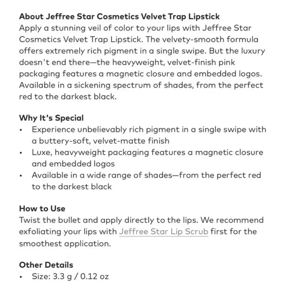NIB Jeffree Star Velvet Trap Lipstick in Holy Fashion Full Size 4g